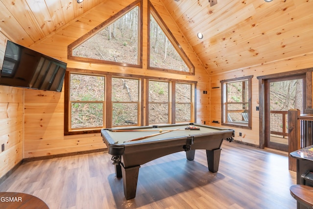 rec room with wooden ceiling, light hardwood / wood-style floors, pool table, and wooden walls