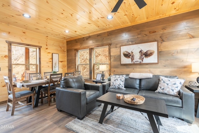 living room with wooden ceiling, a healthy amount of sunlight, hardwood / wood-style flooring, and wooden walls