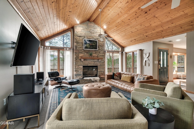 living room with wooden ceiling, a fireplace, high vaulted ceiling, and beamed ceiling