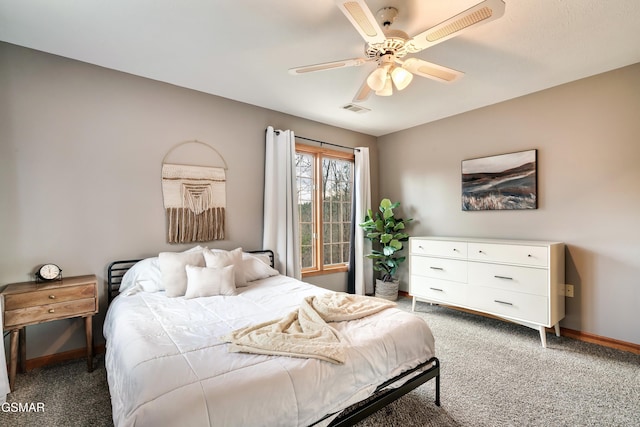 bedroom featuring light carpet, baseboards, visible vents, and ceiling fan