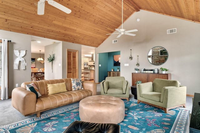 living room featuring carpet, wooden ceiling, visible vents, and ceiling fan