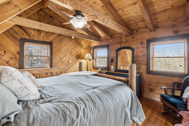 bedroom featuring wood walls, wooden ceiling, ceiling fan, hardwood / wood-style floors, and multiple windows