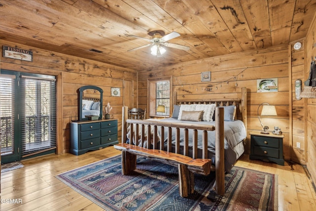 bedroom featuring wooden ceiling, light hardwood / wood-style floors, ceiling fan, and wood walls