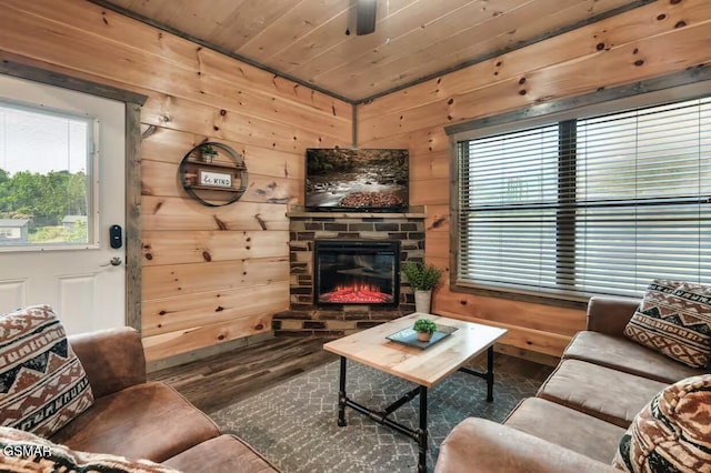 living room with wood walls, a fireplace, wood ceiling, and wood finished floors