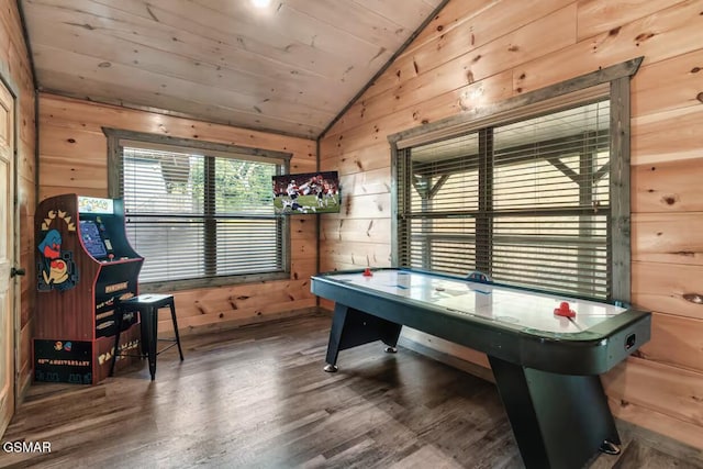 recreation room featuring wood finished floors, lofted ceiling, wood walls, and wooden ceiling