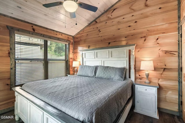 bedroom featuring a ceiling fan, dark wood finished floors, wooden walls, wooden ceiling, and lofted ceiling