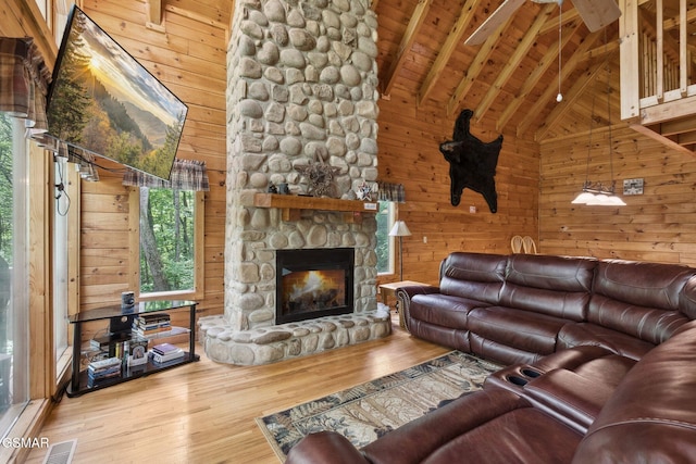 2112 Redmond Way, Sevierville, TN 37876 - living room featuring wooden ceiling with exposed beams, wood finished floors, wooden walls, a fireplace, and high vaulted ceiling