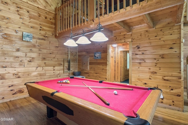 2112 Redmond Way, Sevierville, TN 37876 - rec room featuring pool table, wooden walls, wood finished floors, and wood ceiling with exposed beams