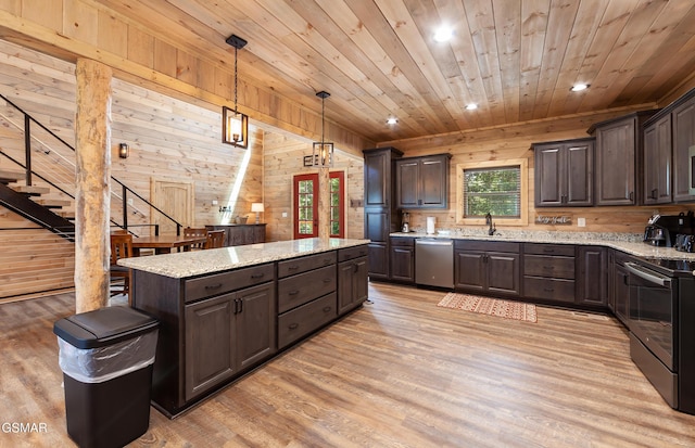 2741 Red Sky Dr, Sevierville, TN 37862 - kitchen featuring dishwasher, range with electric cooktop, wood walls, wooden ceiling, and dark brown cabinets
