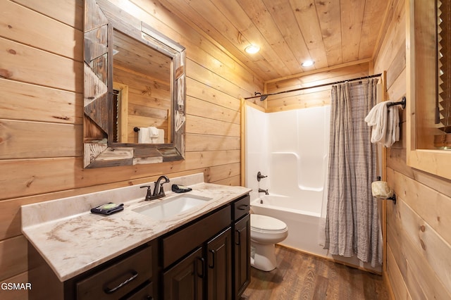 2741 Red Sky Dr, Sevierville, TN 37862 - bathroom featuring wood walls, vanity, wooden ceiling, wood finished floors, and shower / bath combination with curtain