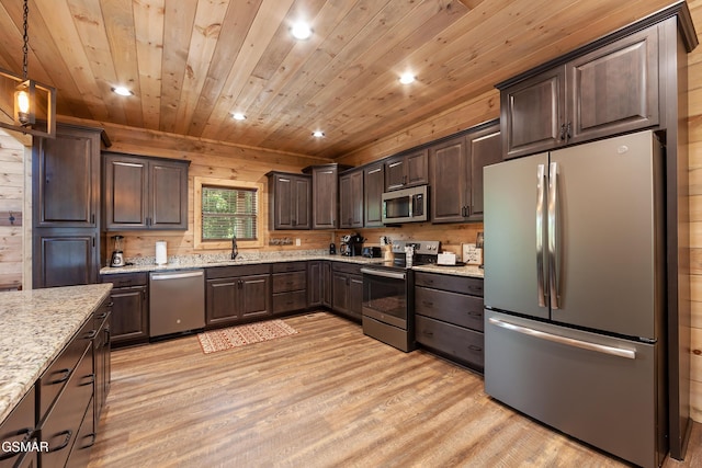 2741 Red Sky Dr, Sevierville, TN 37862 - kitchen with appliances with stainless steel finishes, recessed lighting, wooden ceiling, light wood finished floors, and dark brown cabinets