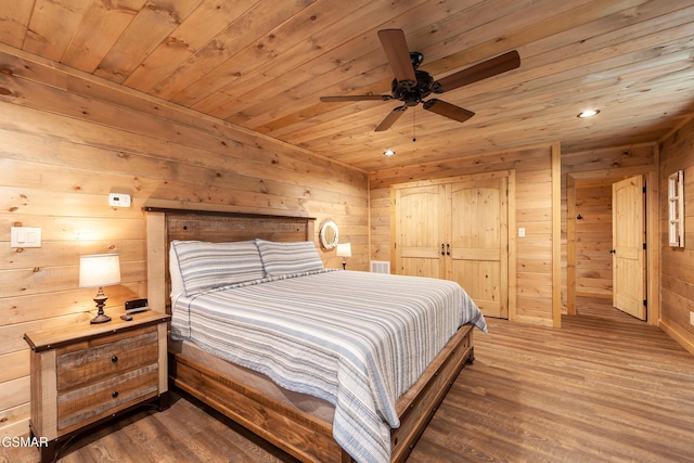 2741 Red Sky Dr, Sevierville, TN 37862 - bedroom with wooden ceiling, wood finished floors, wood walls, recessed lighting, and a ceiling fan