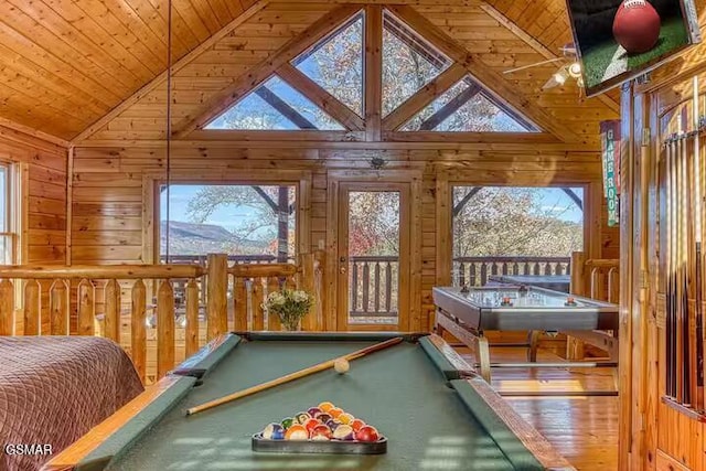 game room with plenty of natural light, wood ceiling, and billiards