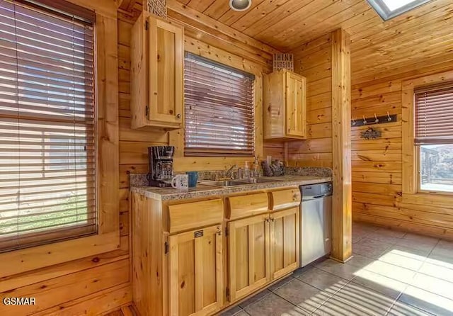 kitchen with wood walls, plenty of natural light, stainless steel dishwasher, and sink