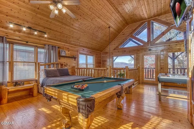 recreation room featuring hardwood / wood-style flooring, wood walls, wooden ceiling, and billiards