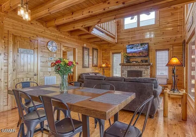 dining room featuring wooden ceiling, wooden walls, light wood-type flooring, a fireplace, and beam ceiling