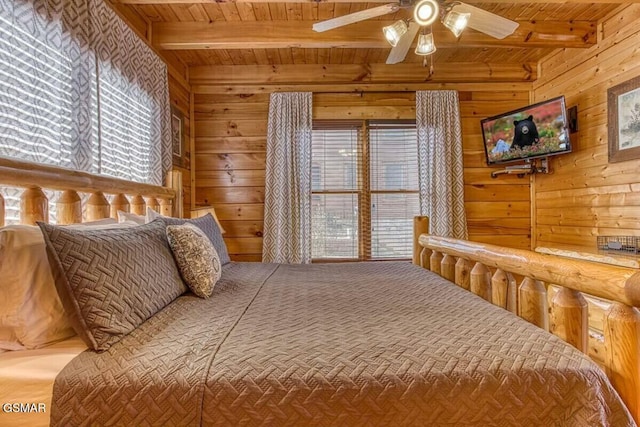 bedroom featuring ceiling fan, beam ceiling, wood ceiling, and wooden walls