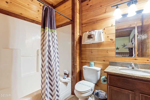 bathroom with wooden ceiling, a shower with curtain, toilet, wood walls, and vanity