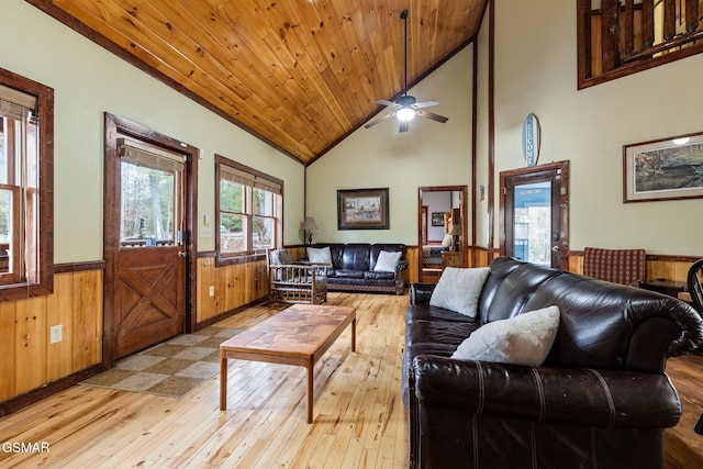 living room with lofted ceiling, light wood-type flooring, ceiling fan, wood walls, and wood ceiling