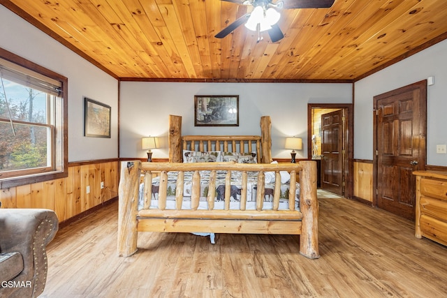 bedroom with light hardwood / wood-style floors, wood ceiling, crown molding, and ceiling fan