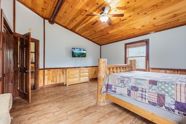 bedroom featuring wood walls, wood ceiling, lofted ceiling, light wood-type flooring, and ceiling fan