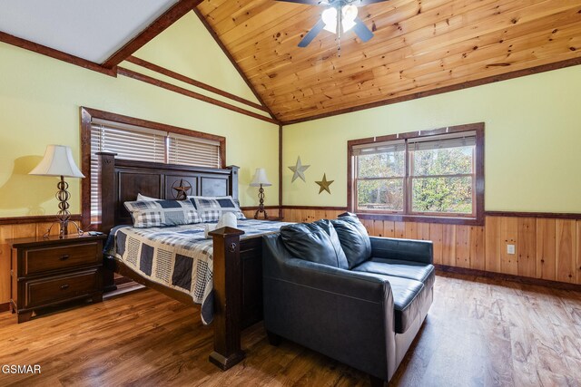 bedroom featuring ceiling fan, wooden ceiling, vaulted ceiling, and wood-type flooring