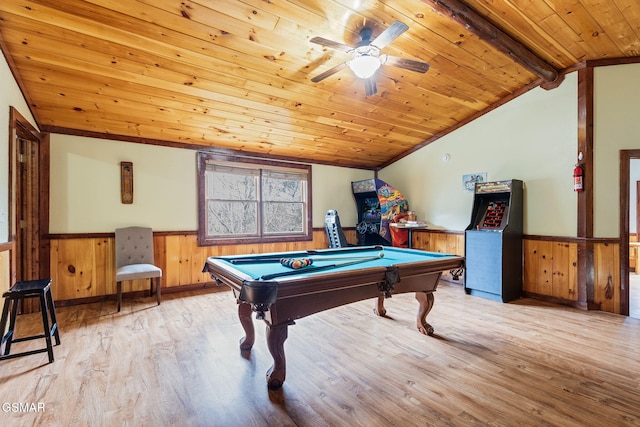 recreation room featuring wooden ceiling, vaulted ceiling, billiards, ceiling fan, and light hardwood / wood-style floors