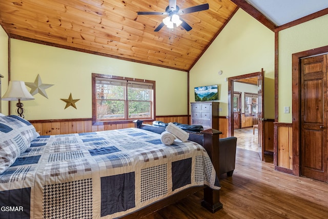 bedroom featuring lofted ceiling, wooden ceiling, ceiling fan, and hardwood / wood-style floors