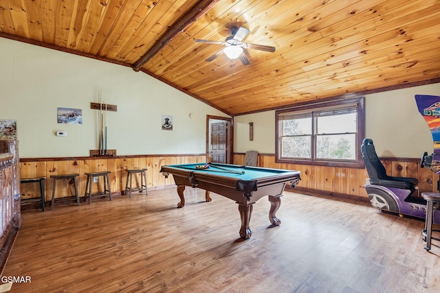 playroom featuring pool table, vaulted ceiling, light wood-type flooring, ceiling fan, and wooden ceiling