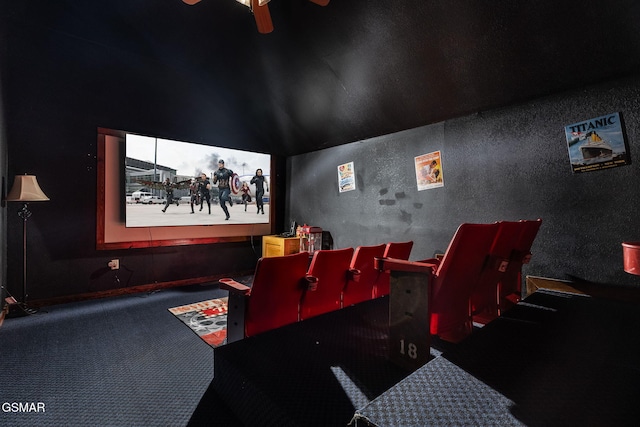 carpeted cinema with ceiling fan