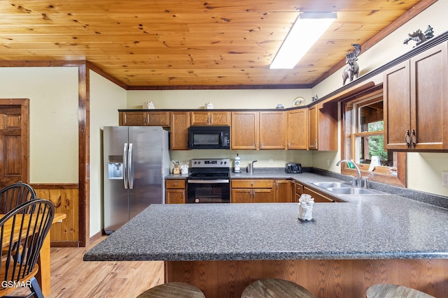 kitchen with stainless steel appliances, sink, wooden ceiling, a kitchen breakfast bar, and kitchen peninsula