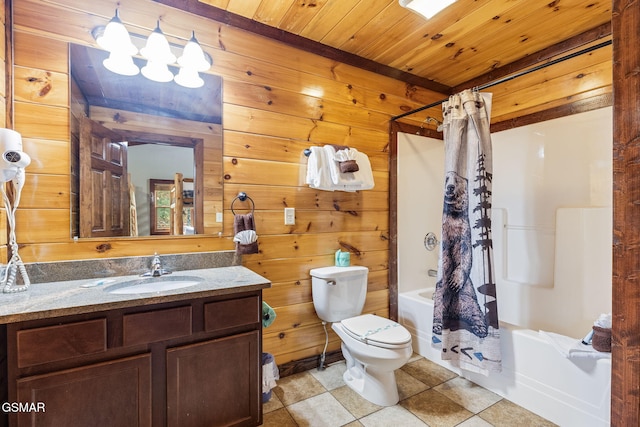 full bathroom with toilet, wooden walls, shower / bath combination with curtain, tile patterned floors, and vanity