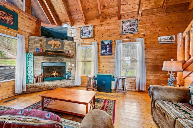 2251 Upper Middle Creek Rd Unit 8, Sevierville, TN 37876 - living room featuring wood ceiling, hardwood / wood-style floors, wooden walls, and a stone fireplace