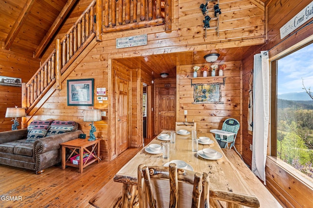 2251 Upper Middle Creek Rd Unit 8, Sevierville, TN 37876 - dining space featuring wood walls, wooden ceiling, hardwood / wood-style floors, and stairway