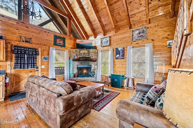 2251 Upper Middle Creek Rd Unit 8, Sevierville, TN 37876 - living area featuring wood-type flooring, high vaulted ceiling, a wood ceiling with exposed beams, plenty of natural light, and wooden walls