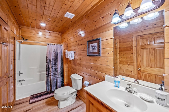 2251 Upper Middle Creek Rd Unit 8, Sevierville, TN 37876 - bathroom with wood ceiling, wooden walls, vanity, shower / tub combo with curtain, and wood finished floors