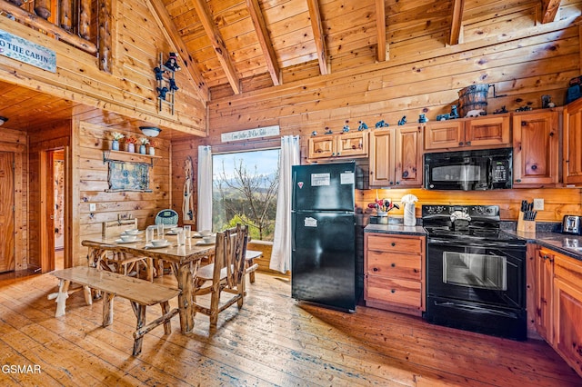 2251 Upper Middle Creek Rd Unit 8, Sevierville, TN 37876 - kitchen featuring black appliances, a wood ceiling with exposed beams, light wood-style floors, dark countertops, and wood walls