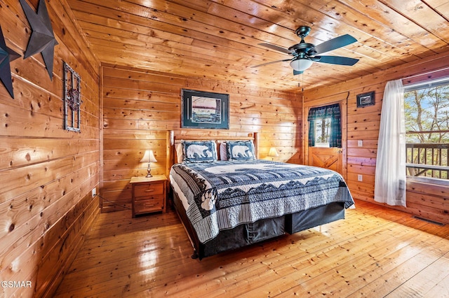 2251 Upper Middle Creek Rd Unit 8, Sevierville, TN 37876 - bedroom featuring wood-type flooring, wood ceiling, wooden walls, and a ceiling fan