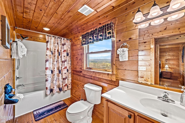 2251 Upper Middle Creek Rd Unit 8, Sevierville, TN 37876 - bathroom featuring vanity, wood walls, wooden ceiling, wood finished floors, and shower / tub combo with curtain