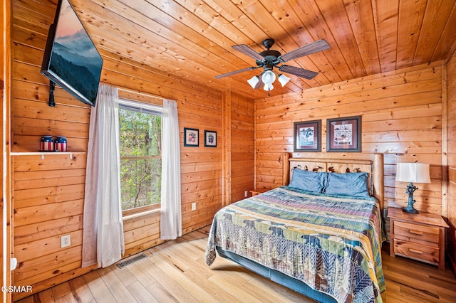 2251 Upper Middle Creek Rd Unit 8, Sevierville, TN 37876 - bedroom with hardwood / wood-style flooring, wood ceiling, wooden walls, and a ceiling fan