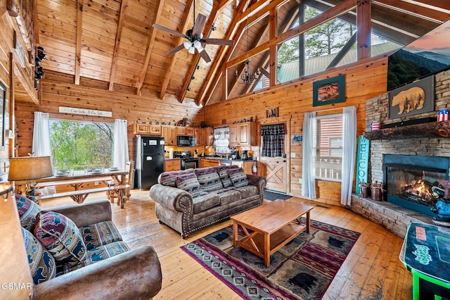 2251 Upper Middle Creek Rd Unit 8, Sevierville, TN 37876 - living room featuring light wood finished floors, high vaulted ceiling, wooden walls, a ceiling fan, and a wooden ceiling with exposed beams
