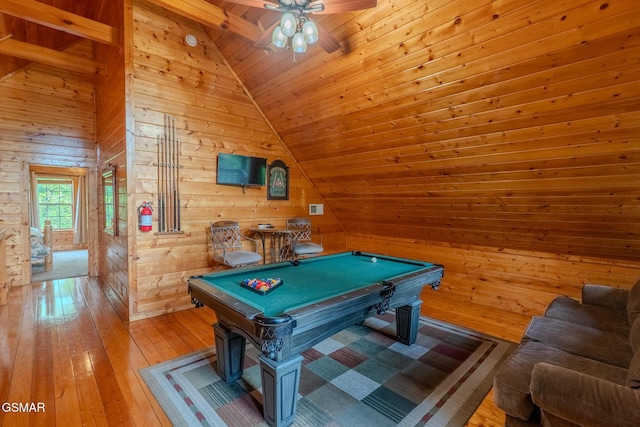 421 Laurel Ave, Gatlinburg, TN 37738 - playroom with wood walls, vaulted ceiling, billiards table, hardwood / wood-style floors, and a ceiling fan