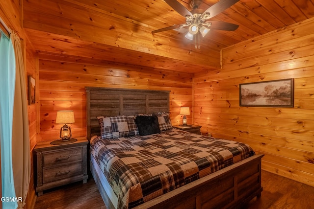 421 Laurel Ave, Gatlinburg, TN 37738 - bedroom featuring dark wood-style floors, wooden walls, wooden ceiling, and ceiling fan