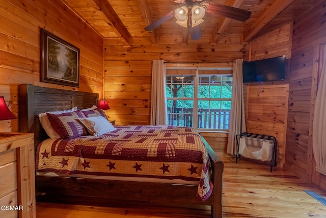 421 Laurel Ave, Gatlinburg, TN 37738 - bedroom featuring wooden ceiling with exposed beams, hardwood / wood-style floors, wooden walls, and ceiling fan