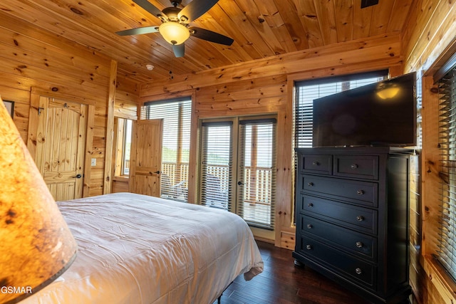 1854 Billard Way, Sevierville, TN 37876 - bedroom featuring access to exterior, wooden walls, dark wood-style flooring, wood ceiling, and ceiling fan