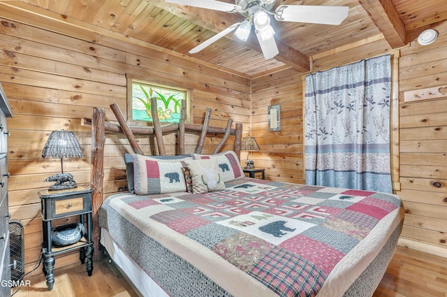 bedroom with wood walls, wood finished floors, wooden ceiling, and beamed ceiling