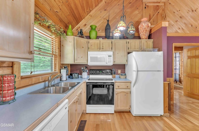 kitchen with a sink, white appliances, light countertops, lofted ceiling, and wood ceiling