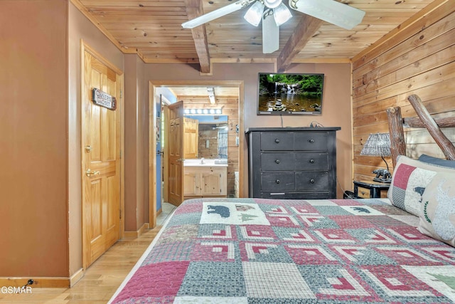 bedroom featuring wood walls, wood finished floors, beam ceiling, connected bathroom, and wood ceiling