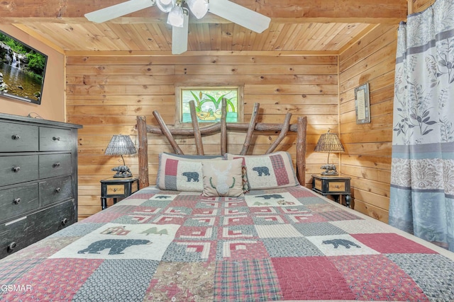 bedroom with wood walls, beam ceiling, and wooden ceiling