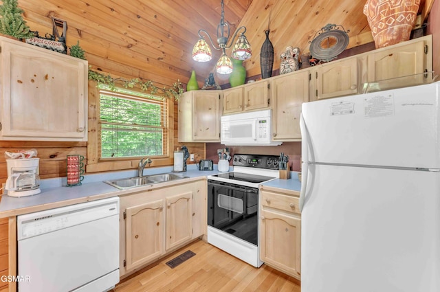 kitchen with visible vents, white appliances, light wood-style floors, light countertops, and a sink